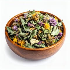 Rustic wooden bowl showcasing assortment of dried herbs and vibrant blossoms on white background