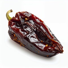 Dried ancho chili pepper showcasing its rich wrinkled texture on a white background