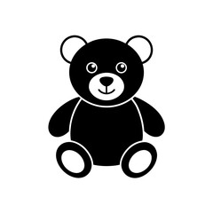 Illustration of a black teddy bear with white accents sitting upright with a simple smiling face design