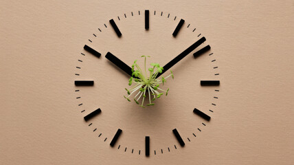 Minimal wall clock with sprouting green plant as hands on warm beige paper texture concept of time management growth and sustainable productivity in a modern flat lay scene