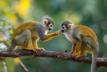 Two squirrel monkeys interact on branch wildlife observation in nature