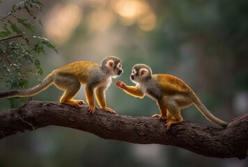 Two squirrel monkeys interacting on a tree branch against a blurred backdrop