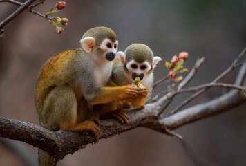 Fototapeta premium Two squirrel monkeys perched on a tree branch wildlife nature portrait
