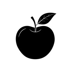 Silhouette of a single apple with a stem and a leaf attached to the top of the fruit image shown here