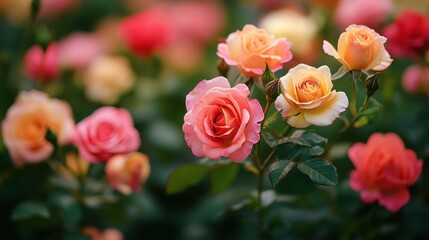 Vibrant garden of blooming roses in various shades of pink peach and yellow with lush green foliage on a sunny day, showcasing natural floral beauty and vibrant colors