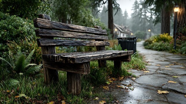 A misty morning in a tranquil town park, with dew-covered grass surrounding a dark brown wooden bench. A paved path winds past a sturdy trash can and a flickering street light, framed by dense trees.