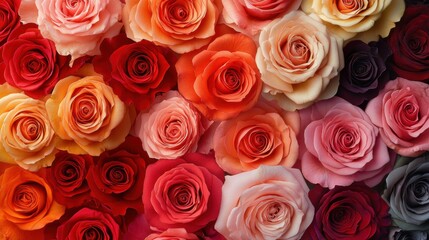 Fototapeta premium Vibrant colorful roses in various shades including red pink orange cream purple and white arranged close-up with detailed petals and soft textures