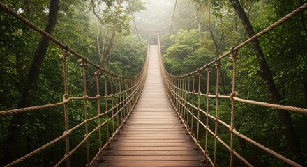 Obraz premium Wooden suspension bridge with rope handrails, viewed from below at the starting point with strong depth perspective in watercolor hyper realistic style
