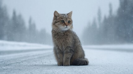 Cat sitting alone on a snowy road in a winter landscape with snow falling from the sky, showcasing the beauty of nature and solitude in cold weather