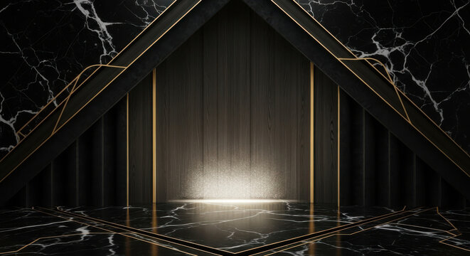 Dark luxury stage with black marble wood and gold accents abstract backdrop - Powered by Adobe