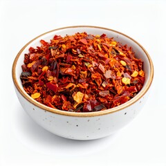 Vibrant bowl of chili flakes against a pristine white backdrop captures culinary zest