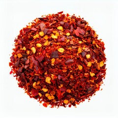 Dehydrated chili flakes in a heap against a stark white background creating visual contrast