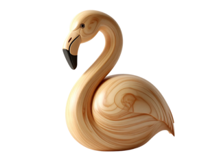  Rustic Wooden Flamingo Sculpture with Textured Carvings, Angled Perspective, Isolated on Transparent Background 