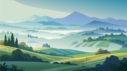 Beautiful nature countryside landscape with soft rolling hills and faint mountain silhouettes beneath a pale blue sky.