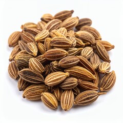 Pile of caraway seeds showing detailed texture on a clean white background