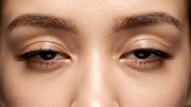 Woman's eyes slowly opening. A close-up shot of an asian woman waking up or revealing surprise, showing beauty and emotion in motion footage.