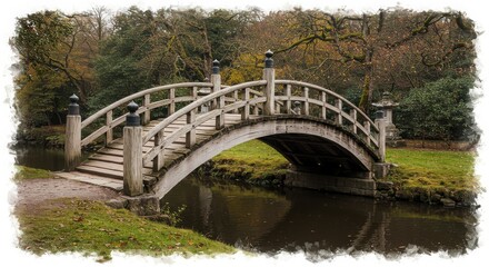 Obraz premium Low-angle capture of a traditional Japanese rustic wooden footbridge with curved beams in watercolor hyper realistic style