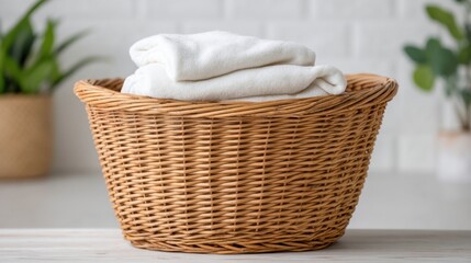 Wicker basket filled with freshly folded white towels placed on a bright surface in a cozy modern home interior with greenery in the background