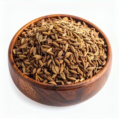 Aromatic cumin seeds in a rustic wooden bowl against a clean white backdrop