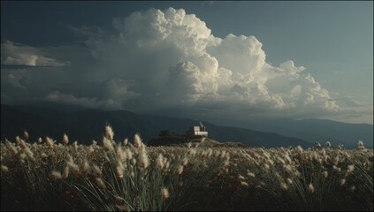 A tranquil mountain landscape showcases a field of tall grasses, gently swaying in the breeze, against a backdrop of dramatic clouds and distant hills.