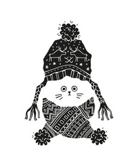 Black and white illustration of a cute cat in a hat and scarf.