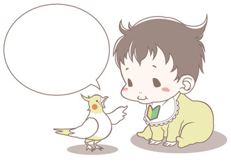 赤ちゃんを指導しているオカメインコ