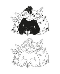 Fairytale princess with tangerines. Black christmas hand drawn outline illustration