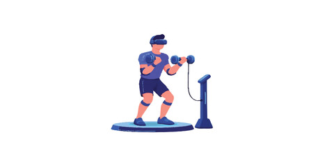 Obraz premium Print Vector art of a virtual reality fitness setup with a person in VR headset exercising with futuristic gear, on a bright white background.