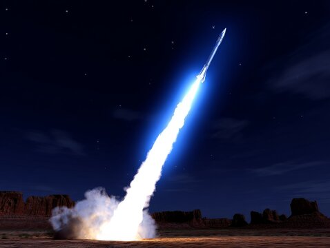 Rocket launching in desert at night during space exploration