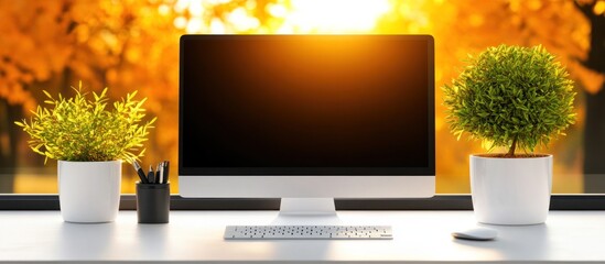 Modern autumn workspace with computer and plants