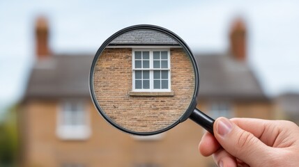 Fototapeta premium Close-Up View Through Magnifying Glass of Brick Wall and Window on Residential House, Focus on Architecture Details, Depth of Field Effect