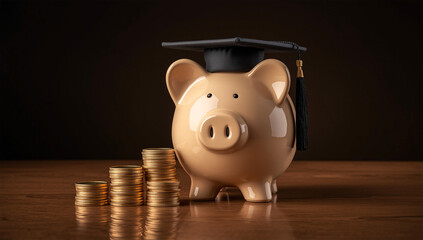 Piggy bank wearing graduation cap with stacks of golden coins symbolizing education savings, student loan and financial planning