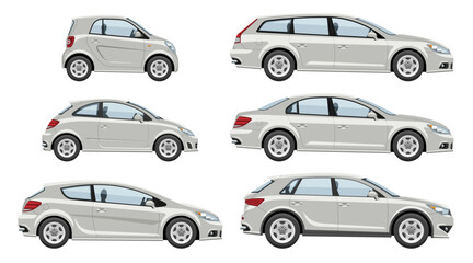 Isolated cars vector set, view from the side, simple colors without gradients and effects.