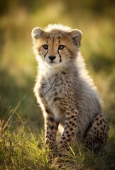 Young cheetah cub sitting in grassy field looking directly at the camera