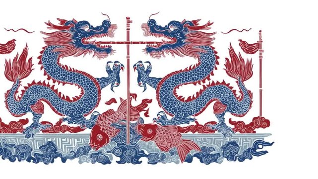 Two dragons facing each other with koi fish in between on a white background