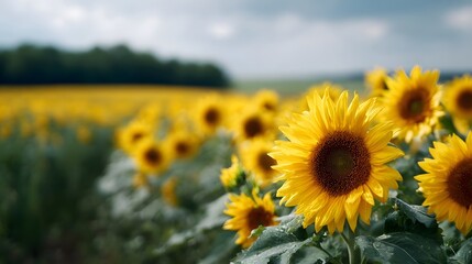 Obraz premium A field of bright yellow sunflowers in full bloom with a focus on detailed foreground flowers against a backdrop of a cloudy sky