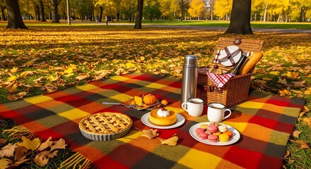 Autumn Picnic Setup with Pie, Desserts, and Basket on Plaid Blanket in Park