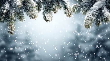 Snowy Fir Branches Under Falling Snow