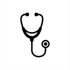 A simple glyph-style stethoscope icon in solid black with white background, featuring a stethoscope with a heartbeat line in the center, ideal for medical graphics, healthcare themes, and hospital bra