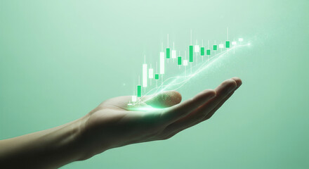 Businessman's hand holding a glowing virtual stock market chart, a futuristic concept of financial technology, investment success, and growth