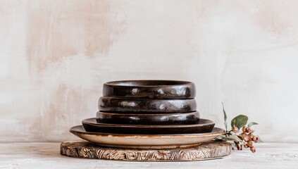 A stack of dark brown ceramic bowls and plates sits on a rustic wooden platter, against a light beige background, creating a simple yet elegant presentation.