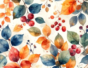 Autumn Watercolor Leaves and Berries.