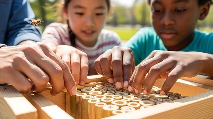 Bee Habitat Project: Diverse group of children and an adult construct a wooden bee house, learning about pollinators and environmental stewardship together.