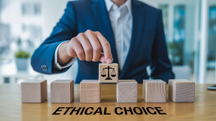 A close-up photograph of a hand in a navy blue business suit selecting a wooden cube block from a row of five identical blocks on a light wooden desk.