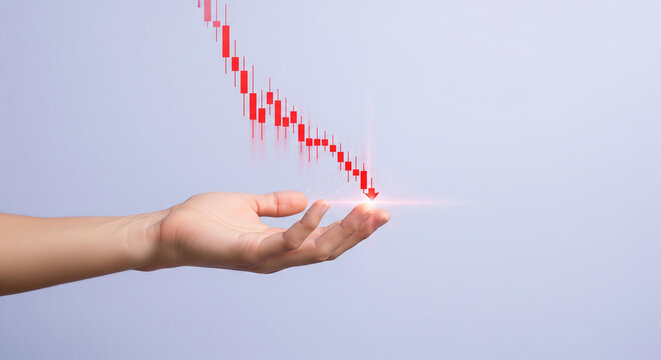 Businessman's hand supporting a declining red stock market graph, a metaphor for financial crisis intervention and preventing business loss