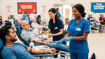 Blood Donation Drive: A diverse group of people participating in a blood donation event, showing support for the community and healthcare services.