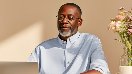 Mature african american man works on laptop in bright sunlight during daytime, next to vase of flowers