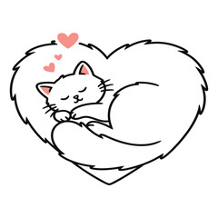 White cat sleeping inside a heart shaped fluffy pillow with hearts floating above the cat head