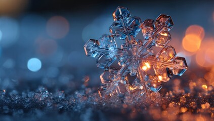 A stunningly detailed close-up of a beautiful ice crystal snowflake, illuminated by warm light, resting on a bed of glistening ice crystals.