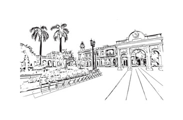 Print Building view with landmark of Kosice city. Hand drawn sketch illustration in vector.